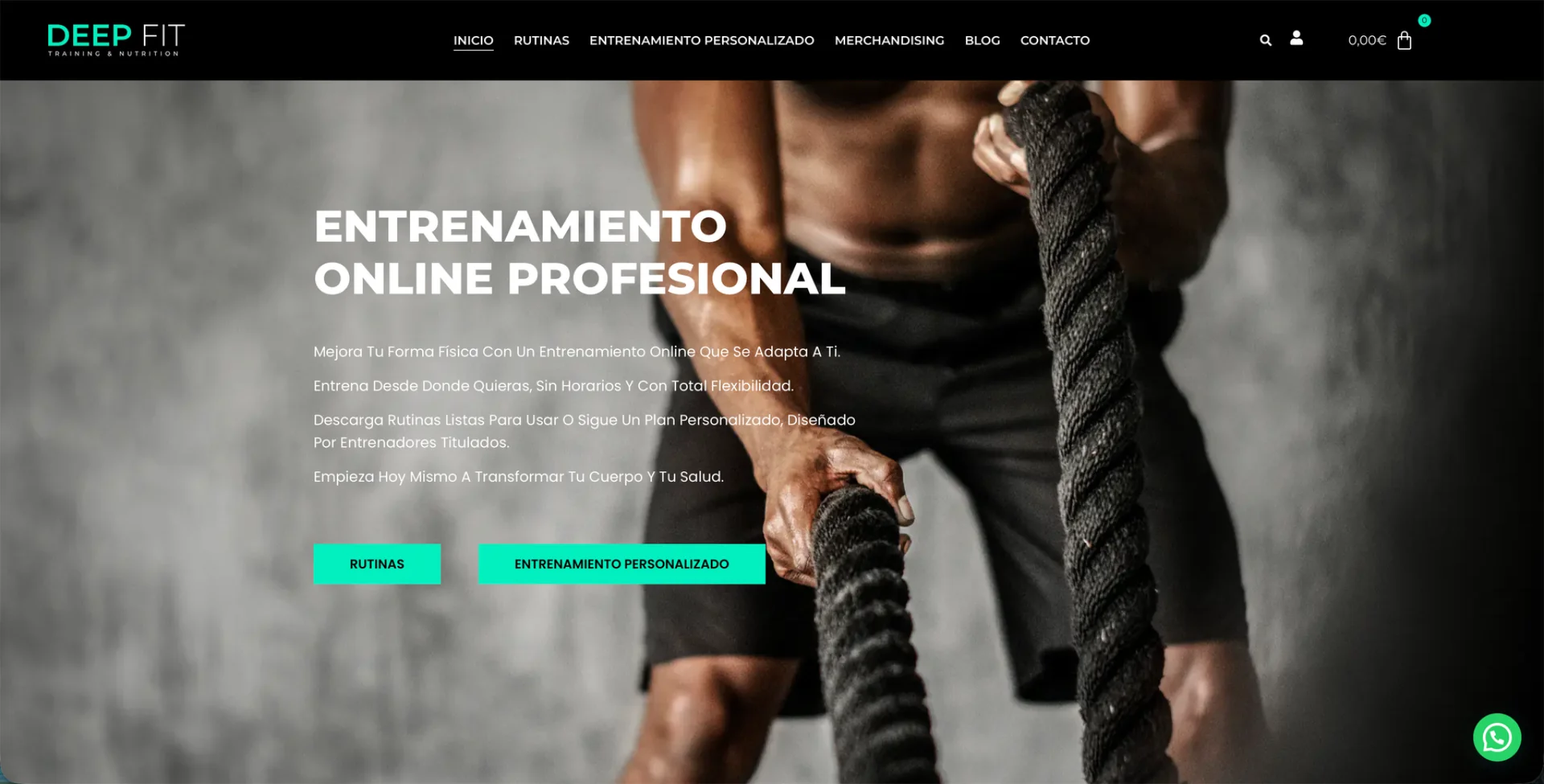 Página de inicio de Deep Fit con su propuesta de entrenamiento personalizado