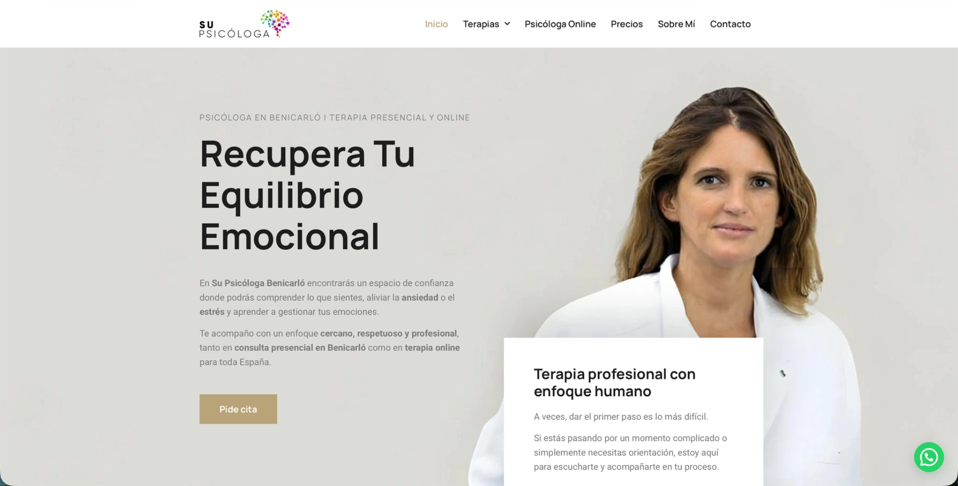 Página de inicio de Su Psicóloga con la presentación de terapia presencial y online