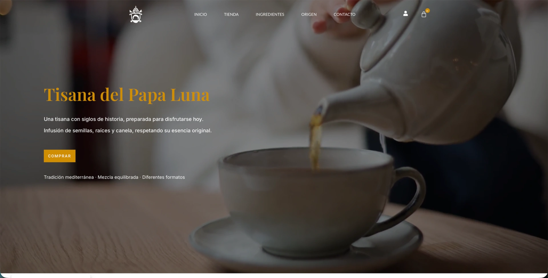 Página de inicio de Tisana del Papa Luna con la presentación de su producto
