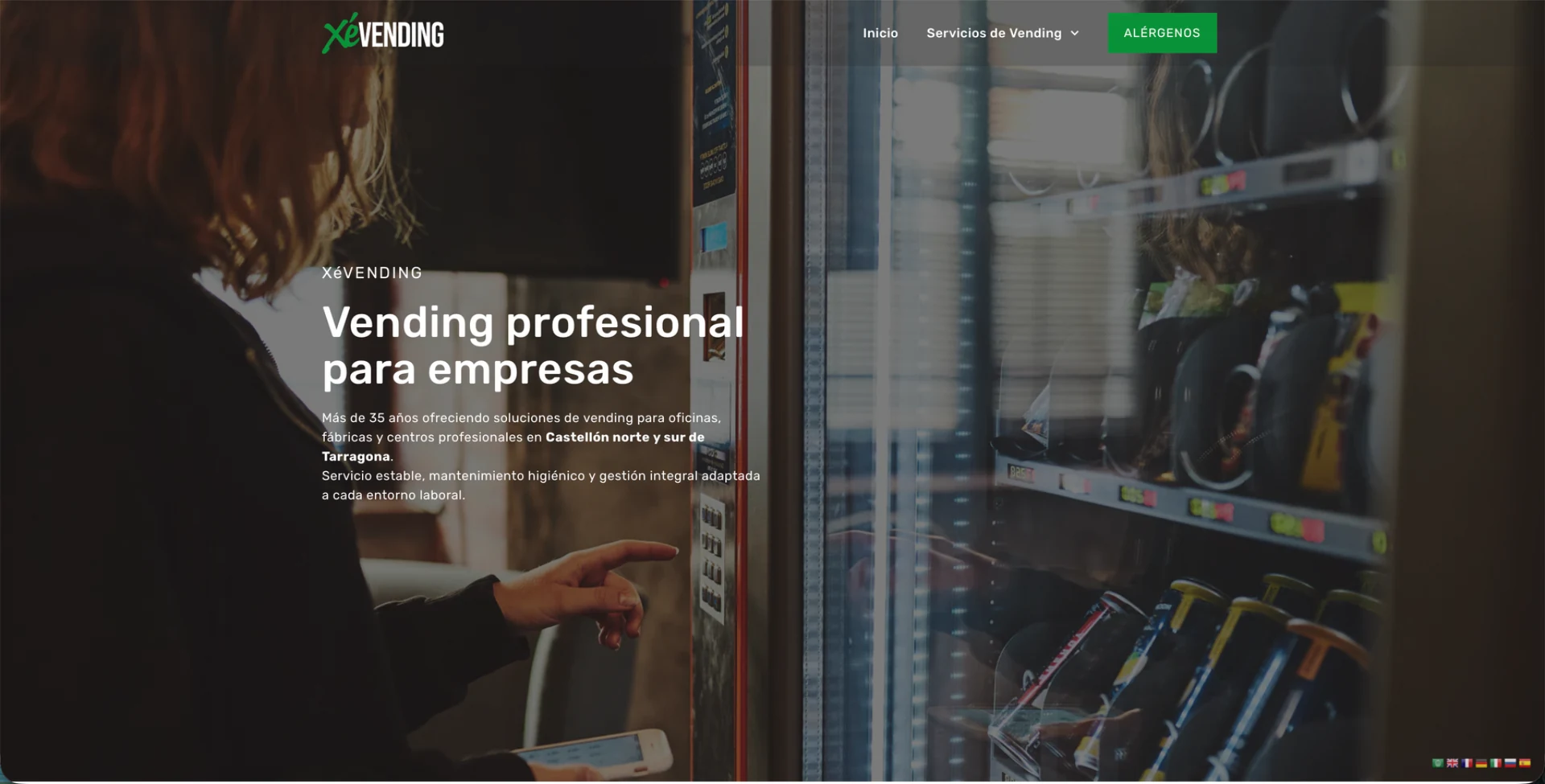 Página de inicio de Xé Vending con la presentación de sus servicios de vending